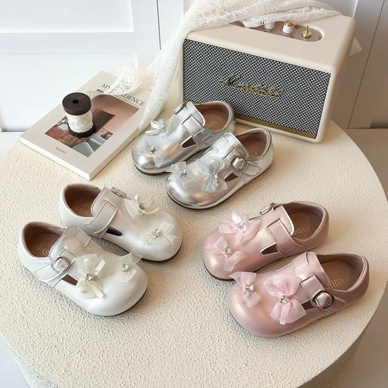 2026 Spring Autumn Kids Toddler Girls Leather Sneakers Bow Decor Soft Non-Slip Sole Breathable Lightweight for Daily School Wear