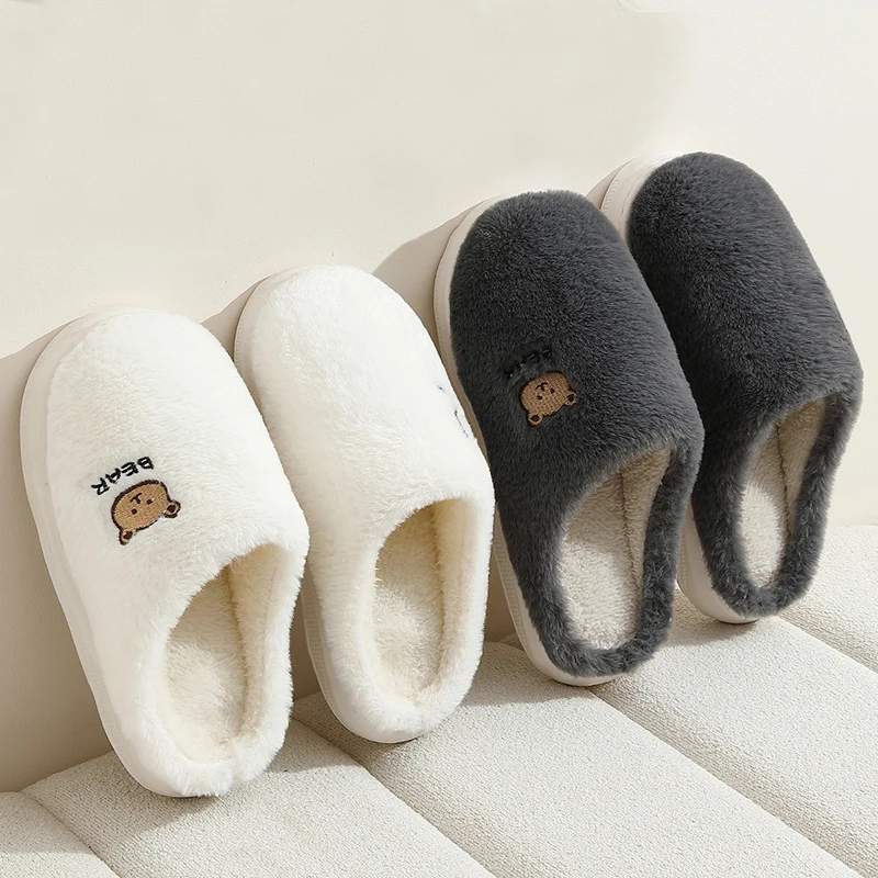 

Cartoon Embroidery Fluffy Fuzzy Slippers Women Autumn Winter Thick Sole Warm Plush Slides Woman Comfy Non Slip Cotton Slippers