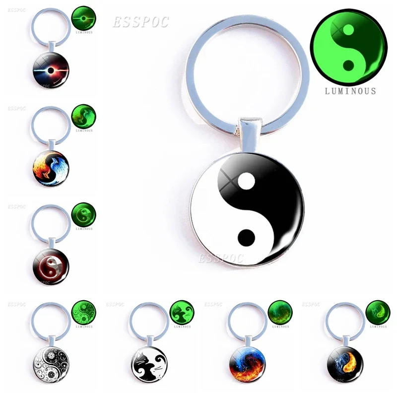 Glowing Yin Yang Taichi Symbols Double Keychain Vintage Two Yin Yang Cats Jewelry Luminous Glass Double Sided Keyring Gifts
