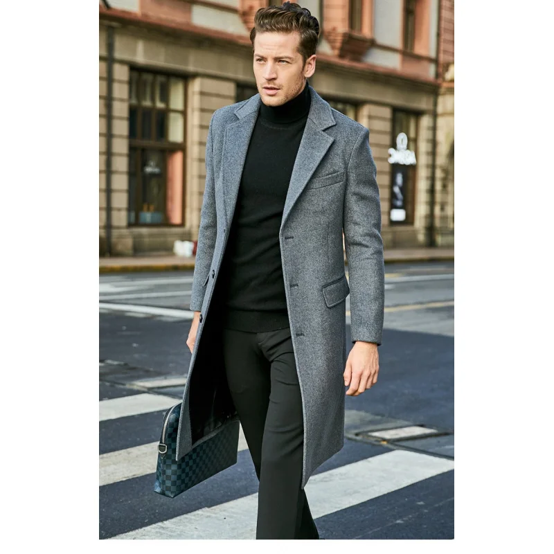 

Европейско-американское осенне-зимнее новое толстое шерстяное мужское длинное пальто в корейском и японском стиле, повседневное