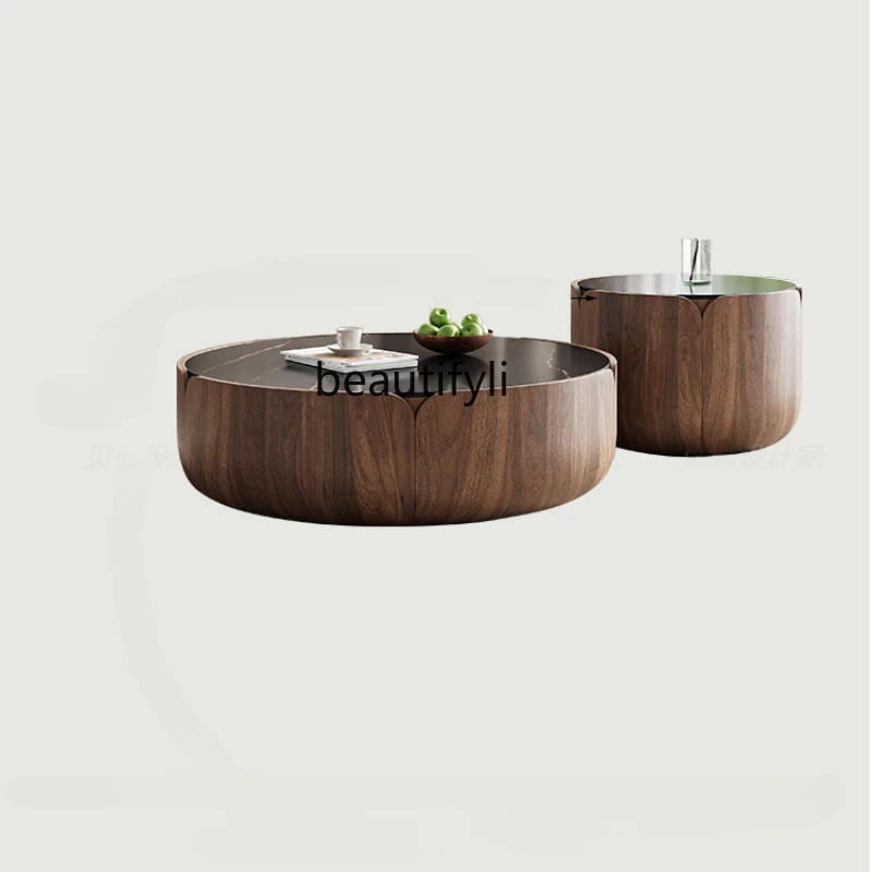 

Italian-Style Light Luxury Petal Tea Table Walnut-Color Natural Marble Large and Small Apartment Type Solid Wood round Storage