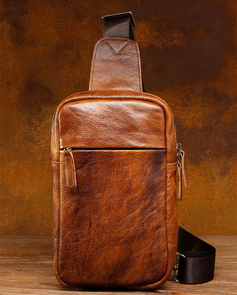 Simple First Layer Cowhide Men's Chest Bag Leather Shoulder Bag Casual Messenger Shoulder Bag Small Vintage Backpack Fashion