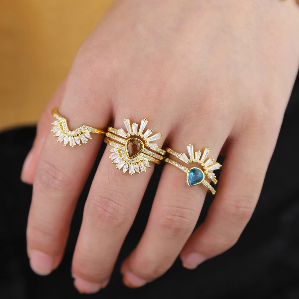 Elegant Women Jewelry Ring Set Of 3 Pcs Blue Coffee Color Geometry Cz Tear Drop Delicate Women Ladies Trendy Geometric Cute Ring