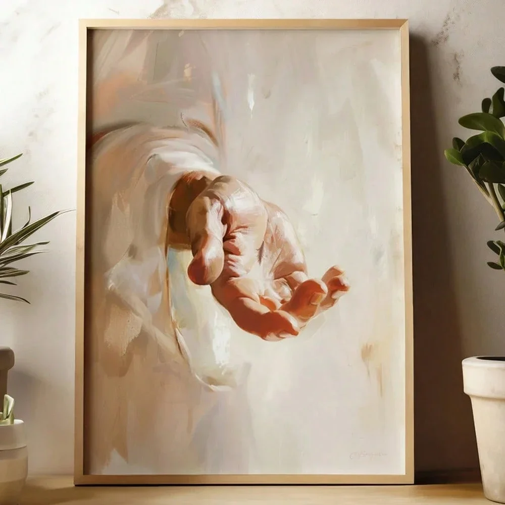 Affiche sur toile Jésus-Christ aux mains, Art chrétien, Mains de la Rédemption, Peinture murale minimaliste, Décoration intérieure