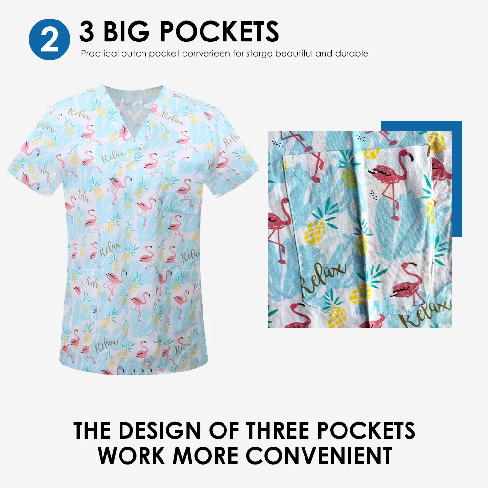 여성용 귀여운 동물 & 꽃무늬 프린트 V넥 클리닉 스크럽 반팔 패치 포켓 상의 수술복 남성용 의료 유니폼