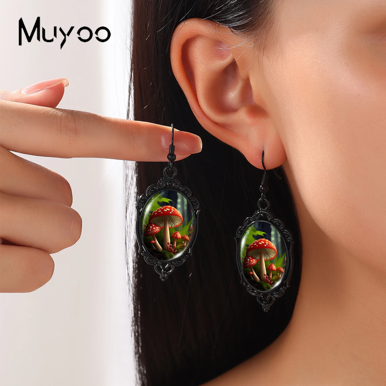 2024 New Arrival Fashion Red Mysterious Mushroom Glass Cabochon Fish Hook Earrings Handmade Black Pumpkin Dangles