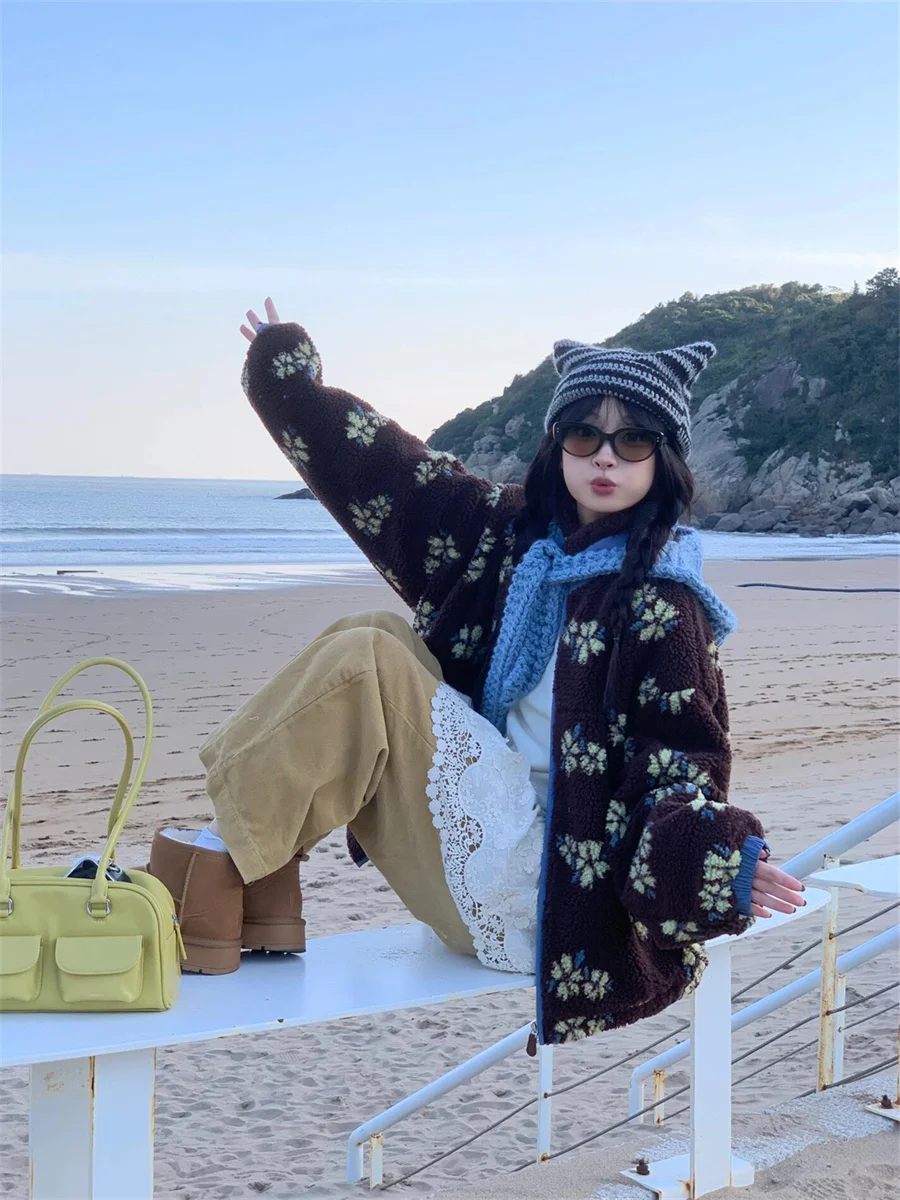 

Retro Floral Lamb Fur Collar Zipper Plu Jaet Women Winter Warm Loose Casual ort Top Commute Sle High Collar Coat