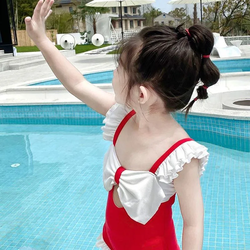 2022 New Arrival Summer Girl Princess Sweet Polyester One Piece Swimsuit Sleeveless Ruffles Backless Swimwear Bathing Suit 1-9Y