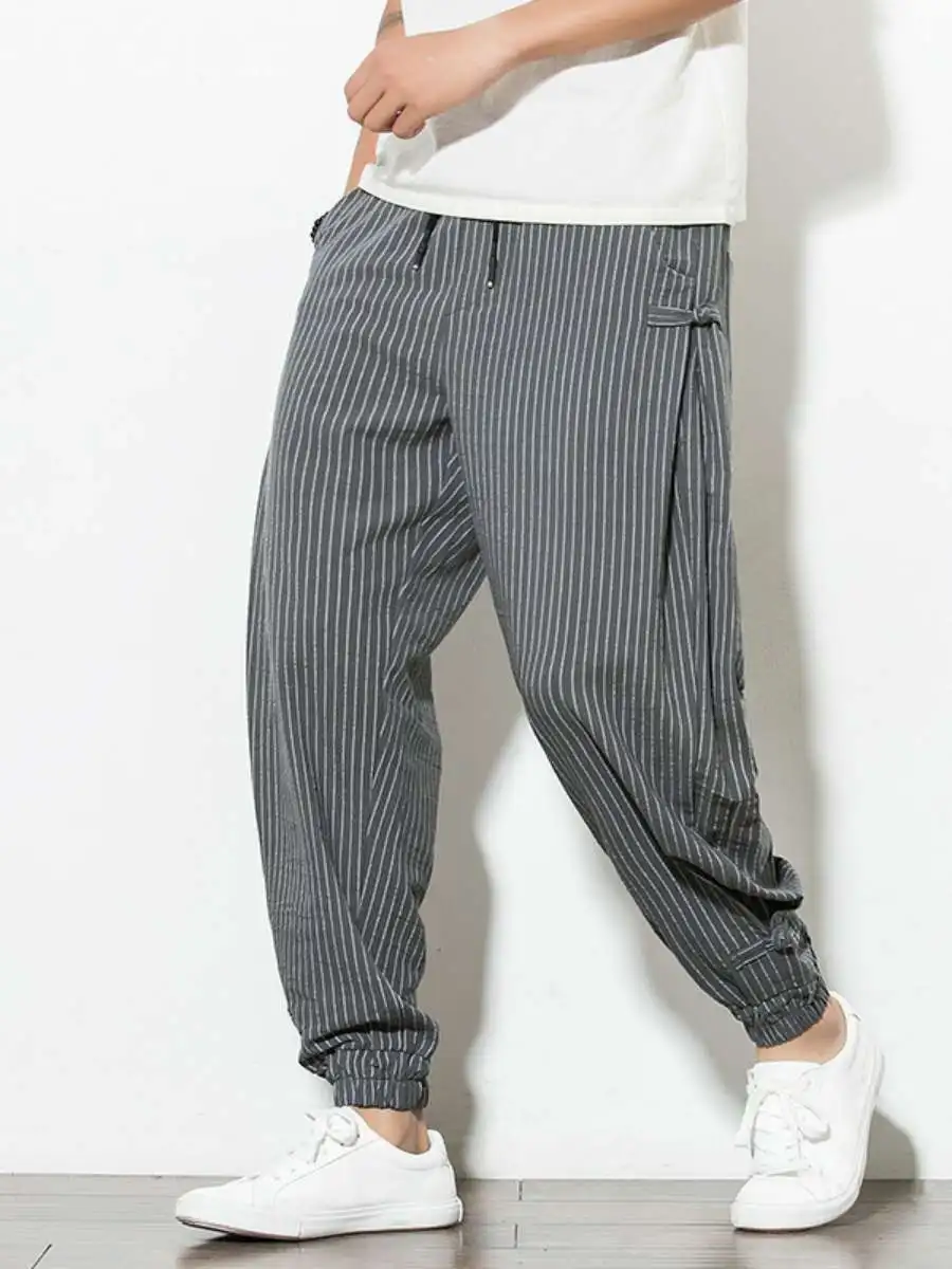 

Men's Casual Harem Pants Thin Breathable Linen Cotton Linen Button Large Size Lantern Pants Striped Loose Fit Long Trousers