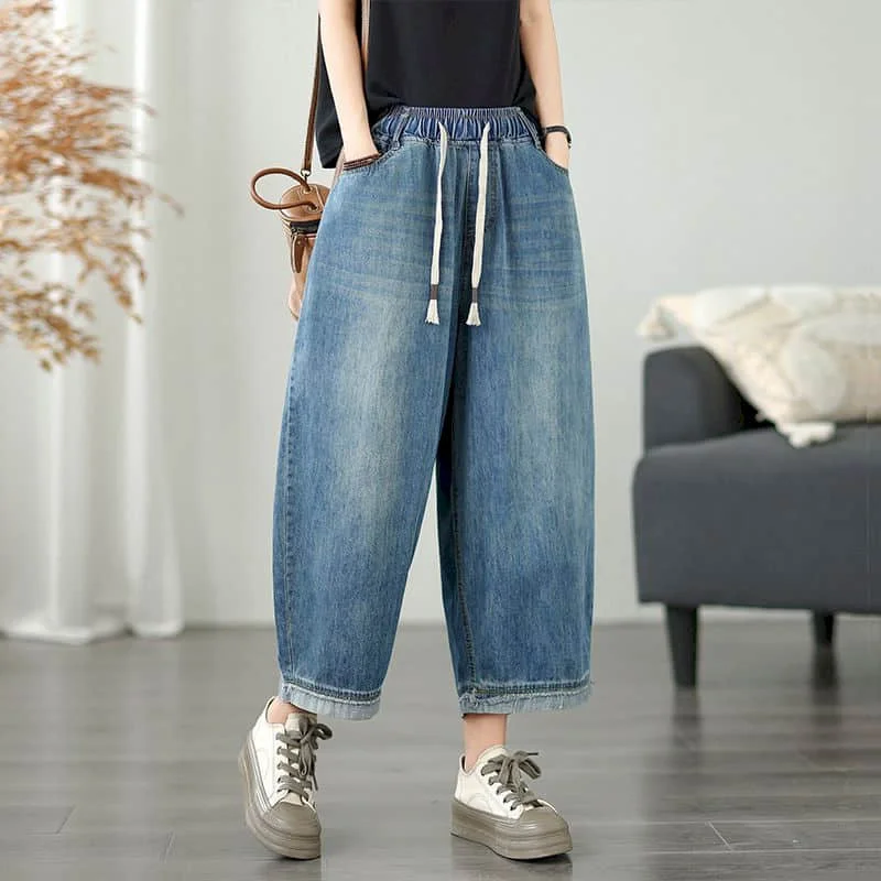 Jeans Spring Autumn Casual Loose Artistic Harem Women Pants Vintage Aesthetic Drawstring Elastic Waist Streetwear Women Clothing