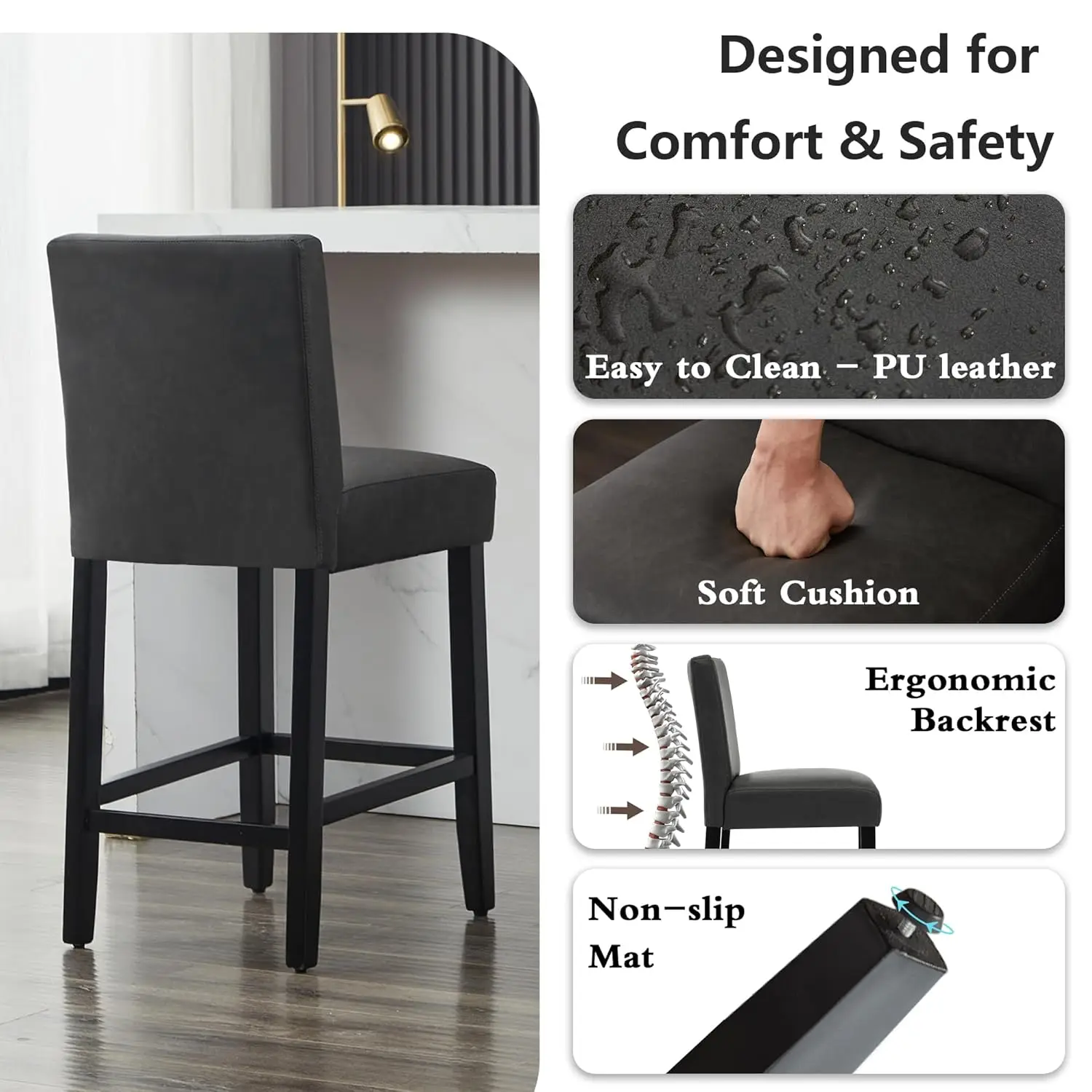 Conjunto de 3 Banquetas de Bar, Banquetas de Bar com Altura de 26'', Banquetas Modernas em Couro Sintético com Pernas e Encosto em Madeira Sólida, Personalizadas