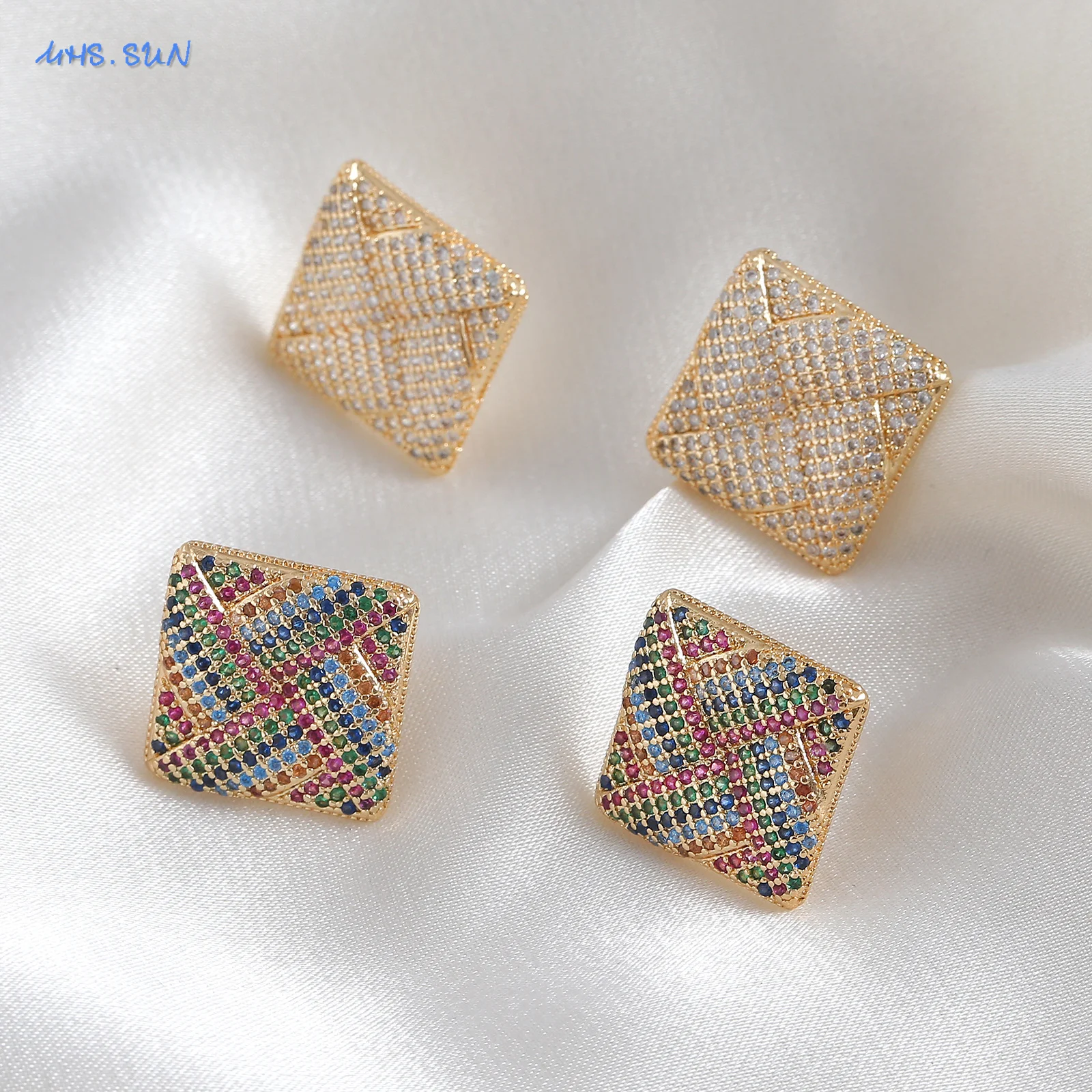 SUNSLL Exquisite Square Texture Cubic Zircon Stud Earrings Gold Plated Fashion Versatile Daily Jewelry Gifts For Women Girls