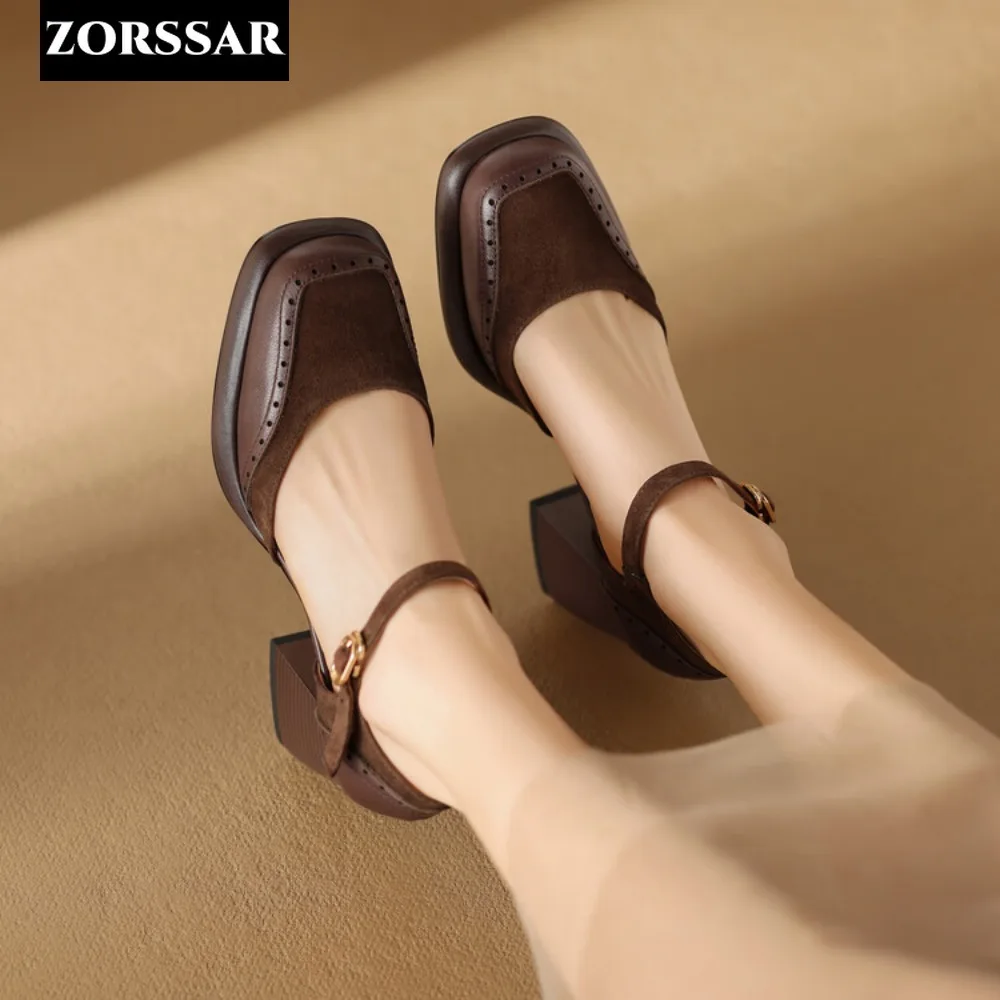 Zamszowe buty na obcasie w jednolitym kolorze Kobiety Square Toe Ankle Strap High Heels Shoes Woman Summer Sandals Patchwork Office Shoes Female