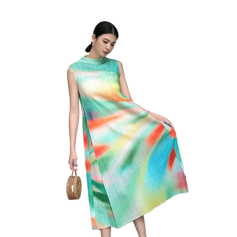 

MIYAKE-Women's Long Dress, Contrasting Color, Patchwork Design, Elegant Commuting Slender, Slimming Dopamine, Summer, New