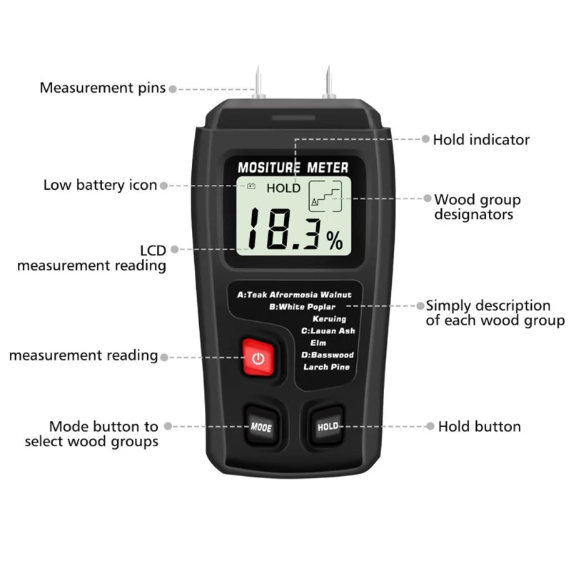 EMT01 Two Pins Digital Wood Moisture Meter 0-99.9% Wood Humidity Tester Timber Damp Detector with Large LCD Display