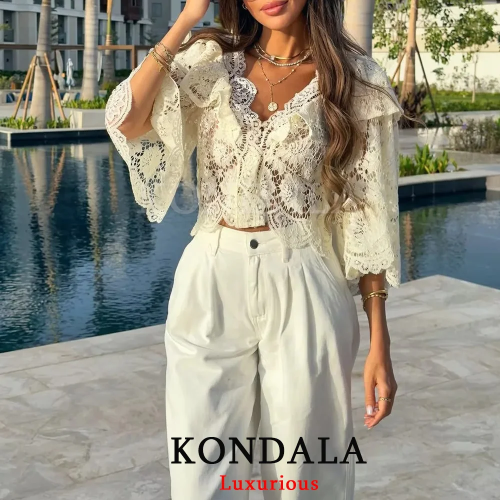 

KONDALA Elegant Streetwear Chic Women Top Tierred Ruffled Lace Short Sleeve Loose Top Fashion 2026 Summer Holiday Beach Top