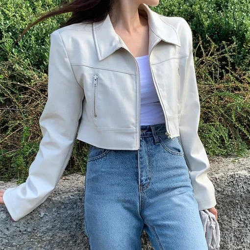 

ort Pure Color Straight Collar Women's Leather Jaet Versatile Casual Sle Long Sve Zipper Dig Bag PU Leather Coat