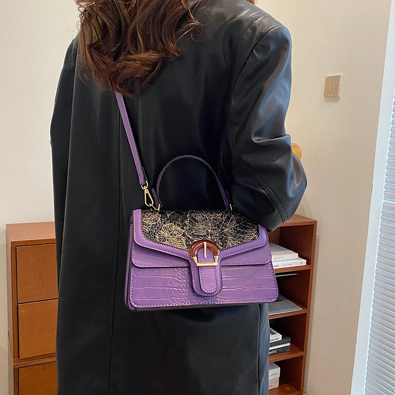 Mini Small Square Bag Luxury Purple Shoulder Bag For Women Crocodile Pattern Crossbody Bag Soft Top Handle Tote Designer Handbag