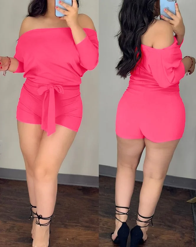 

One Neck Off Shoulder Long Sleeved Jumpsuit for Women In Summer, Elegant and Casual. Solid Color Lace Up Detail Jumpsuit