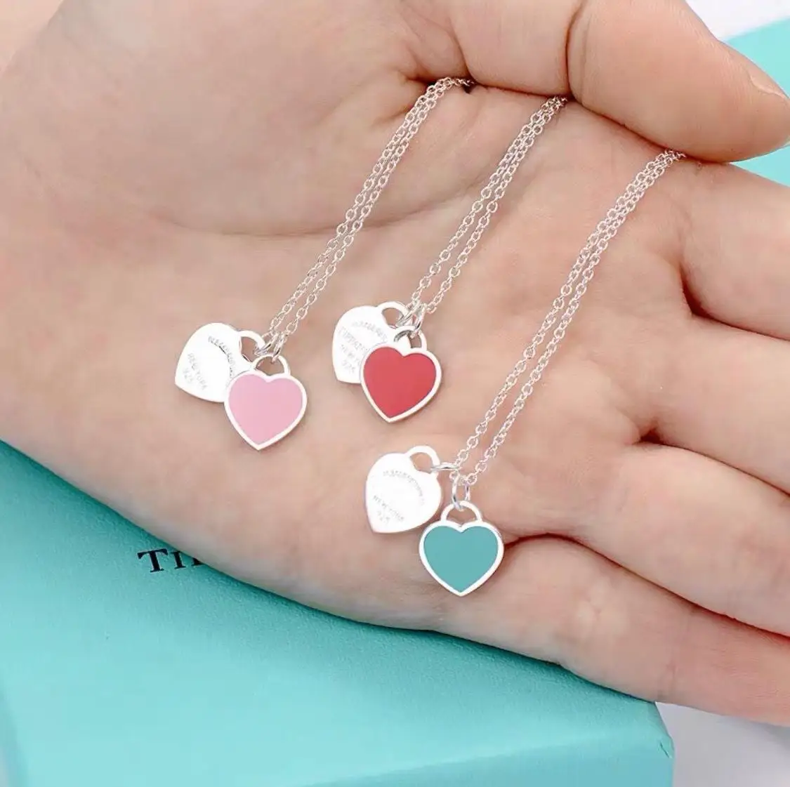Sterling Silver Heart Pendant Necklace for Women Featuring Enamel Accents in Red Pink or Green on Delicate Cross Chain Korean St