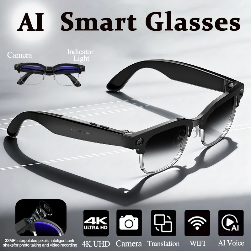 

New 800W 4K UHD Camera Smart AI Glasses Recording Videos 290mAh Photo Recognition Translation Al Voice Bluetooth Smart Glasses