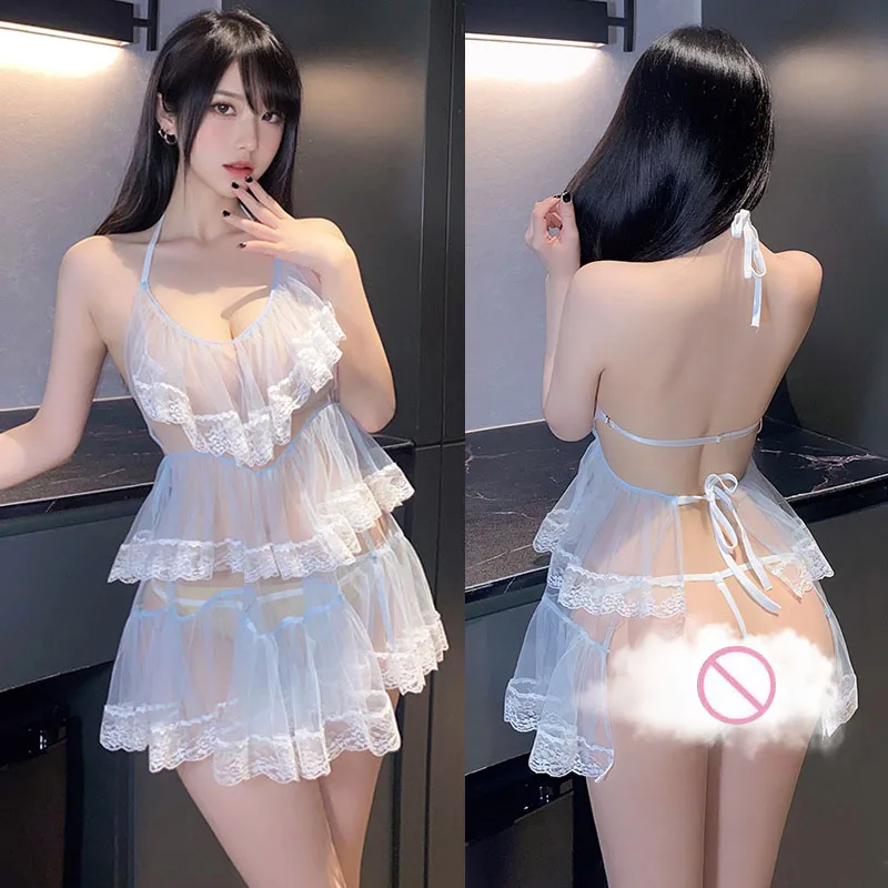 

Cute Lolita Cake Dress Women Sexy Lingerie Sheer Lace Short Dress Open Crotch Bodysuit Naughty Underwear Stockings Fancy Pajamas