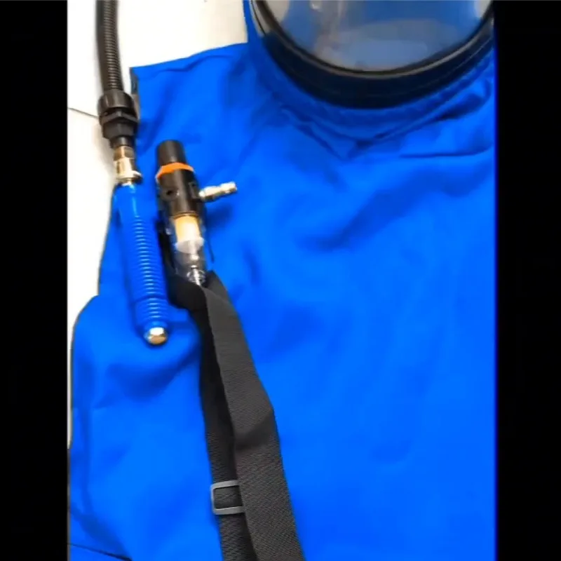 Blue Air-Conditioned Oxygen Supply Sandblasting Helmet, Integrated Cap & Suit For Industrial Sandblasting Use