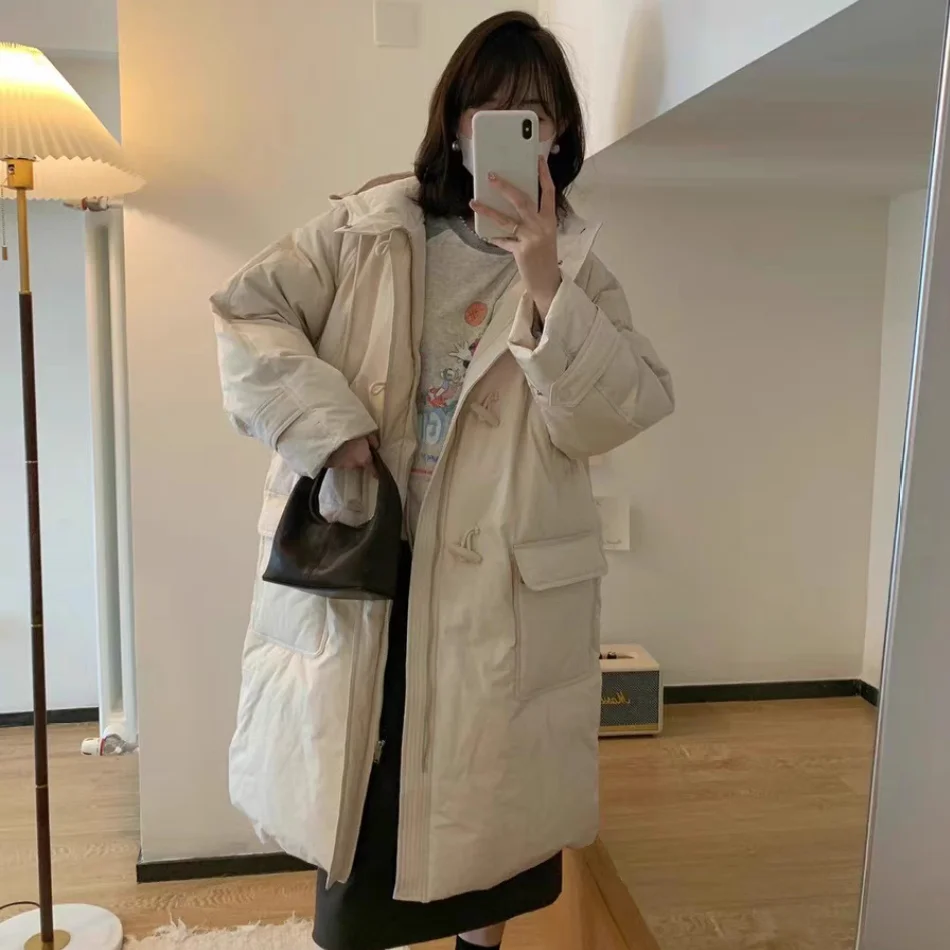 الدفء خفيفة الوزن بروني مقنعين أسفل Jaet فضفاضة تناسب زر تصميم عارضة Sle منتصف طول معطف للنساء الذين تتراوح أعمارهم بين