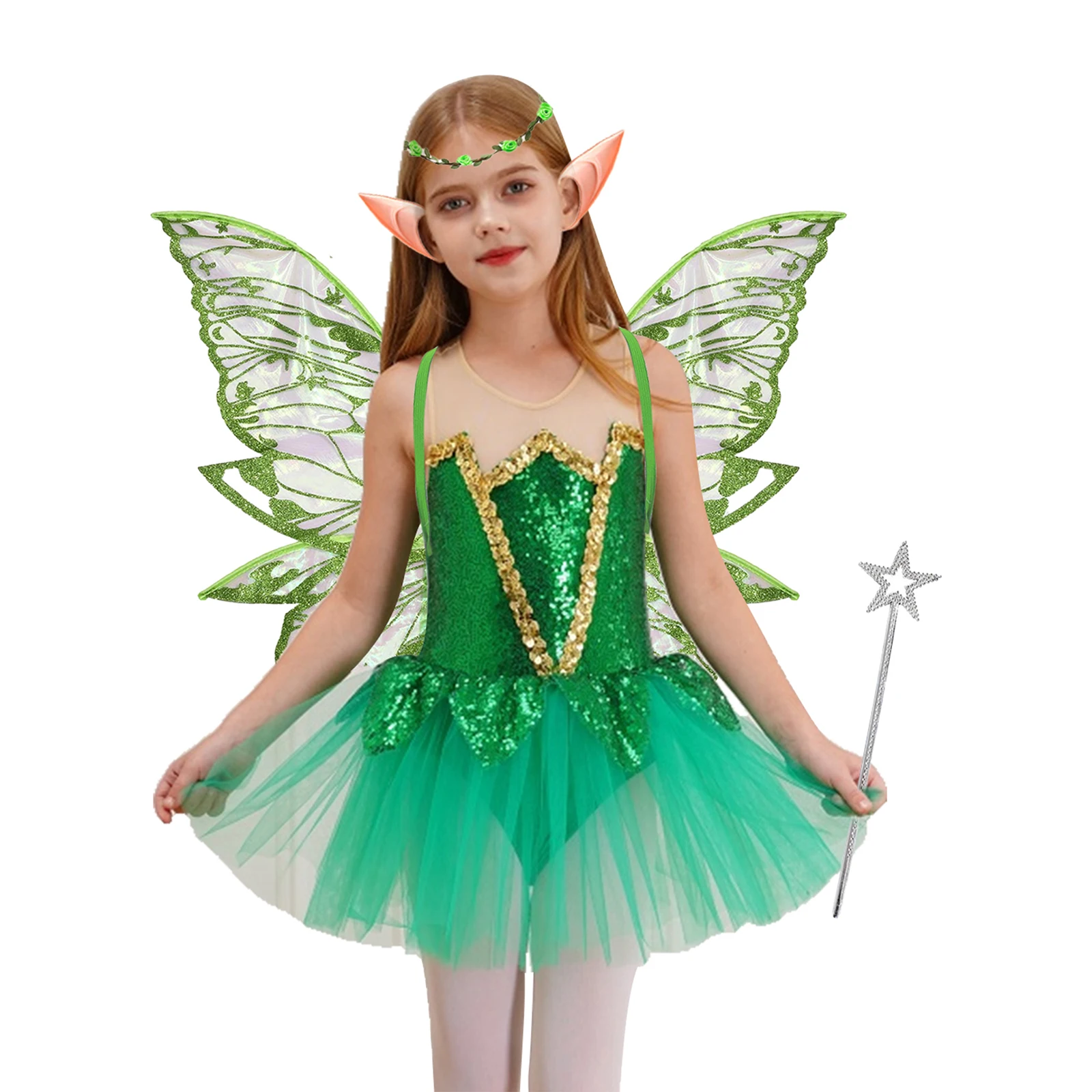 Girls Shiny Sequins Mesh Tutu Fairy Elf Dress Leotard with Wings Ears Magic Wand Garland for Halloween Carnival Cosplay Party