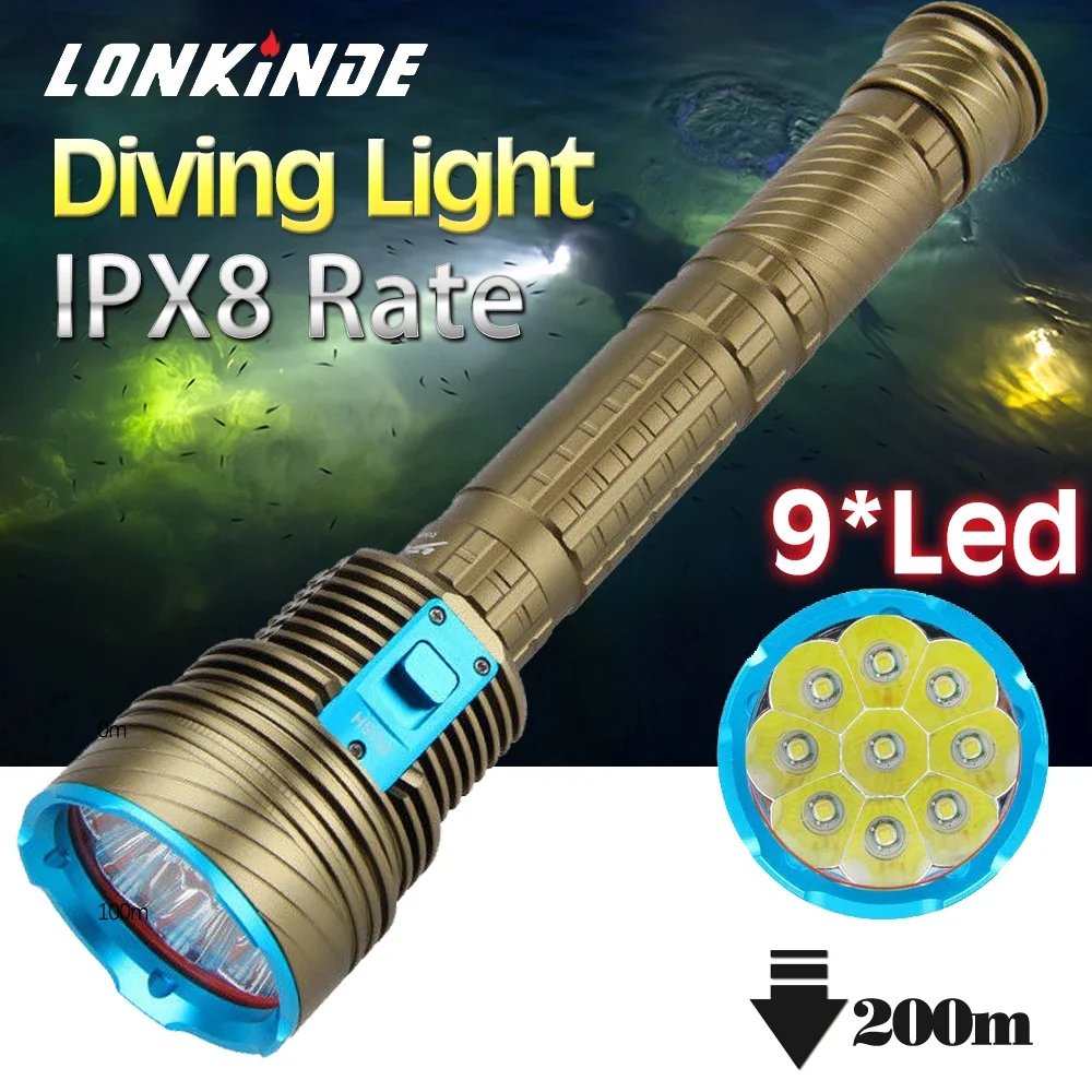 New Powerful IPX8 Rate Waterproof Scuba Diving Flashlight 9LED Yellow/White Light 10000LM Underwater 200m Tactical Diving Torch