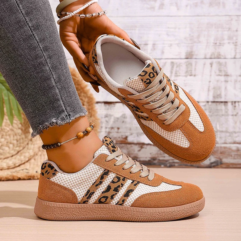 

Fashion Leopard Print Suede Women Sneakers Breathable Comfort Mesh Platform Trainers Round Toe Concise Vulcanized Shoes Female