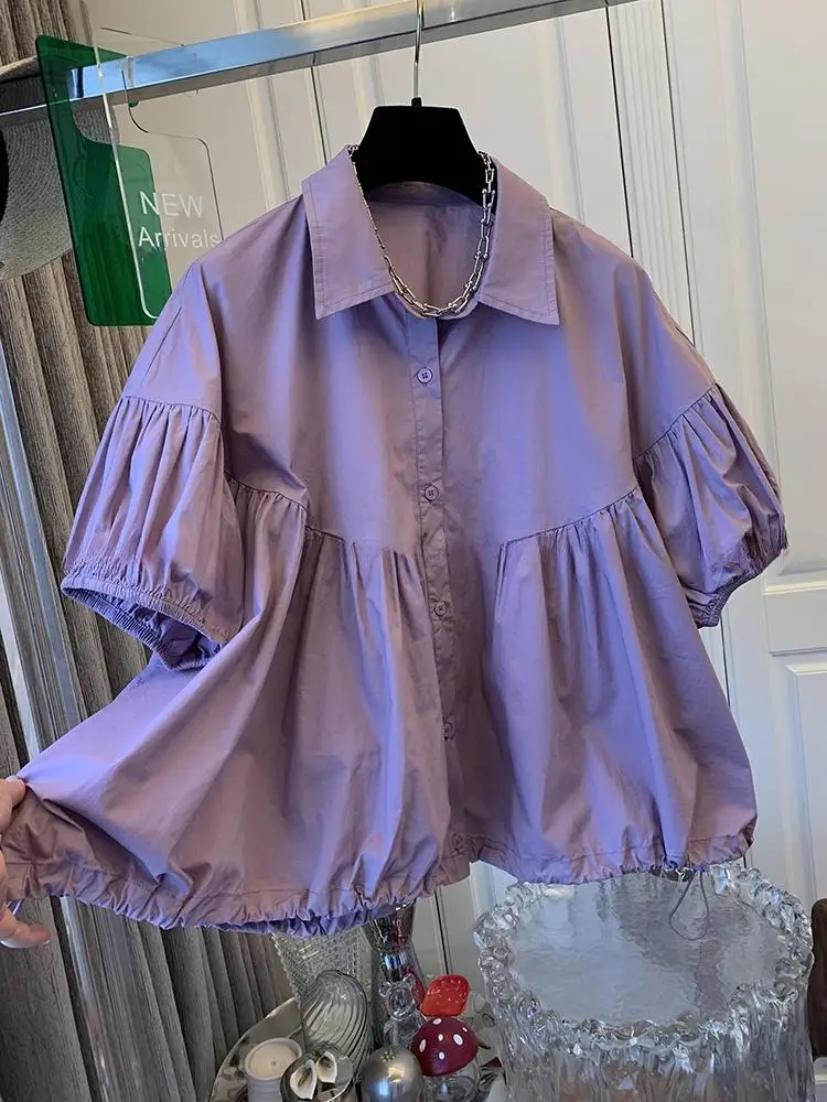 Summer Purple Pleated Short Sleeve Loose Shirt Women Tops Korean Chic Solid Color Single Breasted Casual Blouse Camisas De Mujer