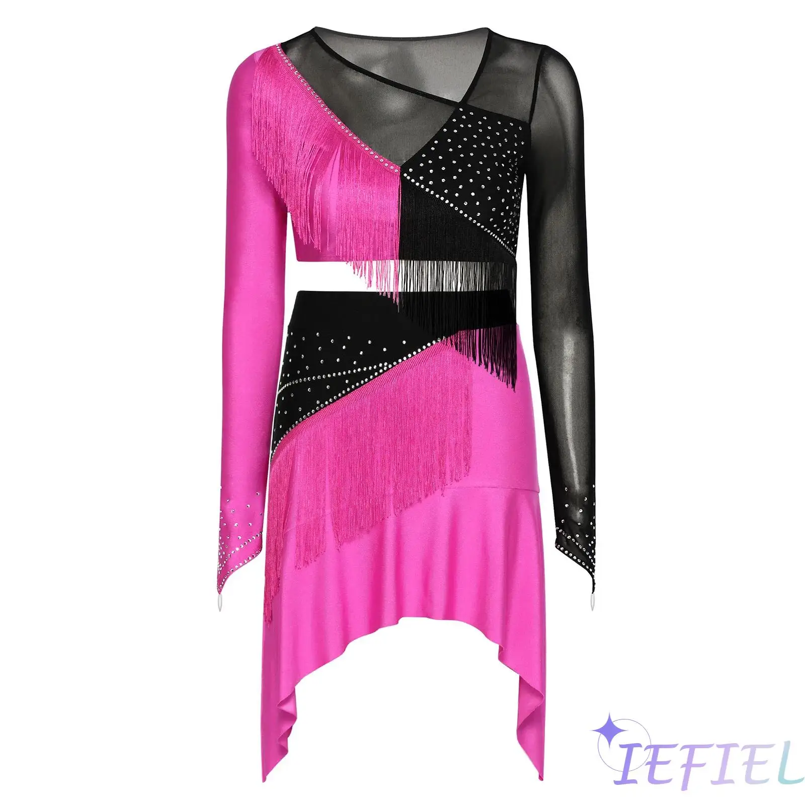 

Women Lyrical Dance Outfit Set Modern Contemporary Dancewear Tassel Long Sleeve Mesh Crop Top with Skirted Leotard Ballet Outfit