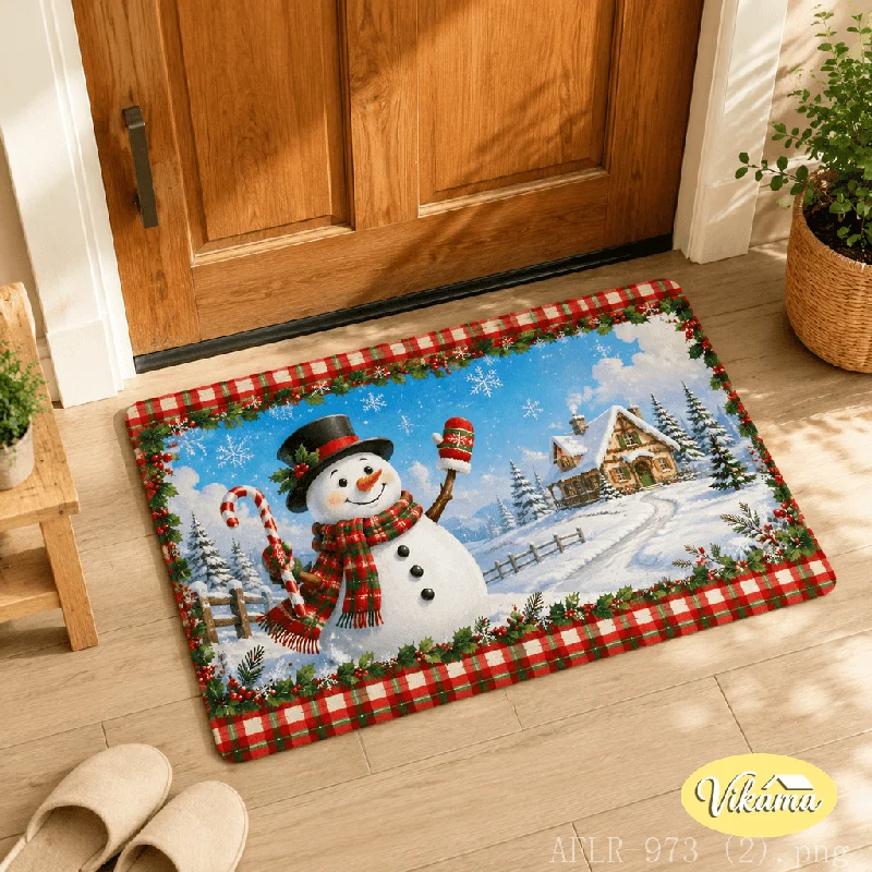 VIKAMA Christmas Snowman Doormat Xmas Plaid Border Winter Cabin Print Non‑Slip Floor Mat For Entrance Home Holiday Decor