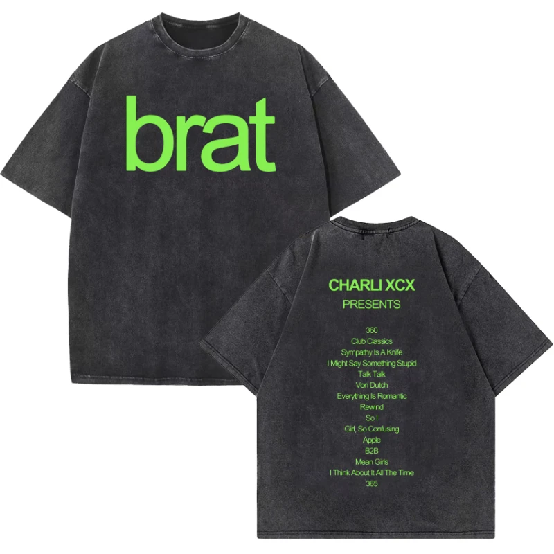 تي شيرت Charli Xcx Brat Tour مطبوع عليه حروف تي شيرت نسائي هيب هوب عالي الجودة تي شيرت أنيق مغسول للجنسين ملابس الشارع