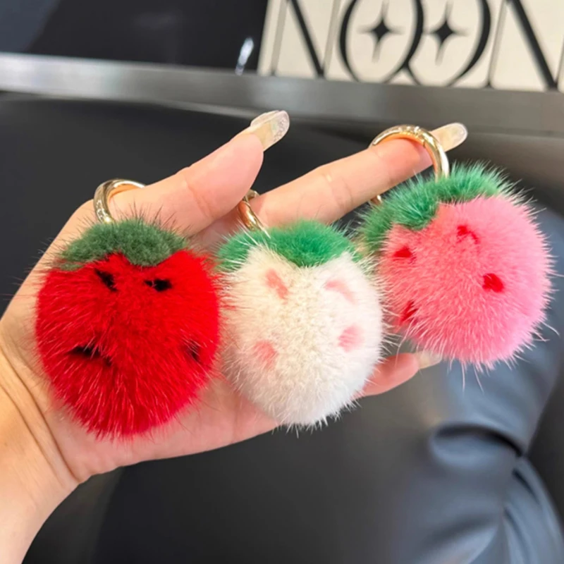 Mini Cute Strawberry Mink Fur Key Chains Plush Ball Toy Women's Bag Charm Ornaments Car Keyring Trinkets Cell Phone Pendant