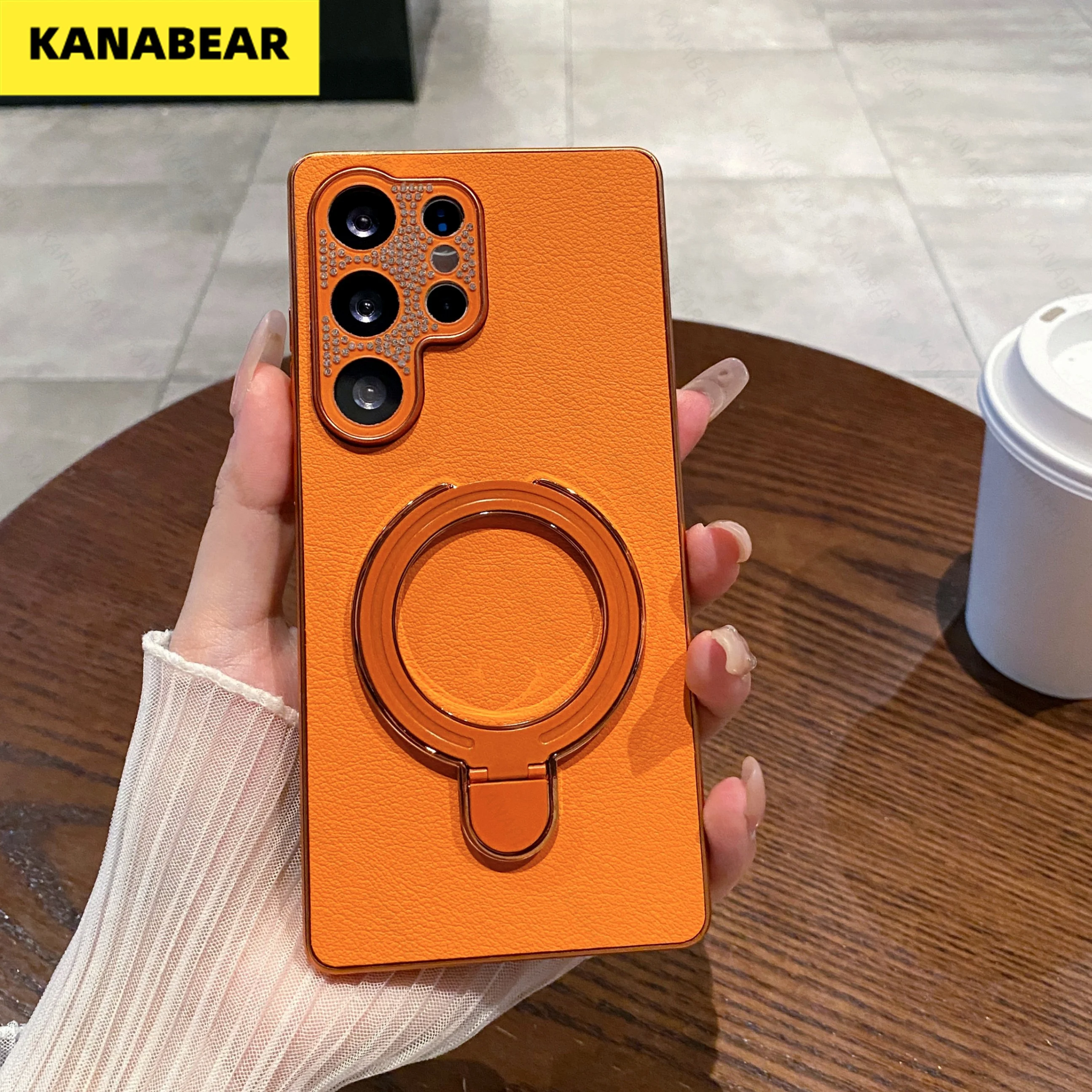 

Premium Rhinestone Lens Case for Galaxy S25 Ultra, Vegan Leather Built-in Stand, Shockproof Wear-resistant Protective Shell