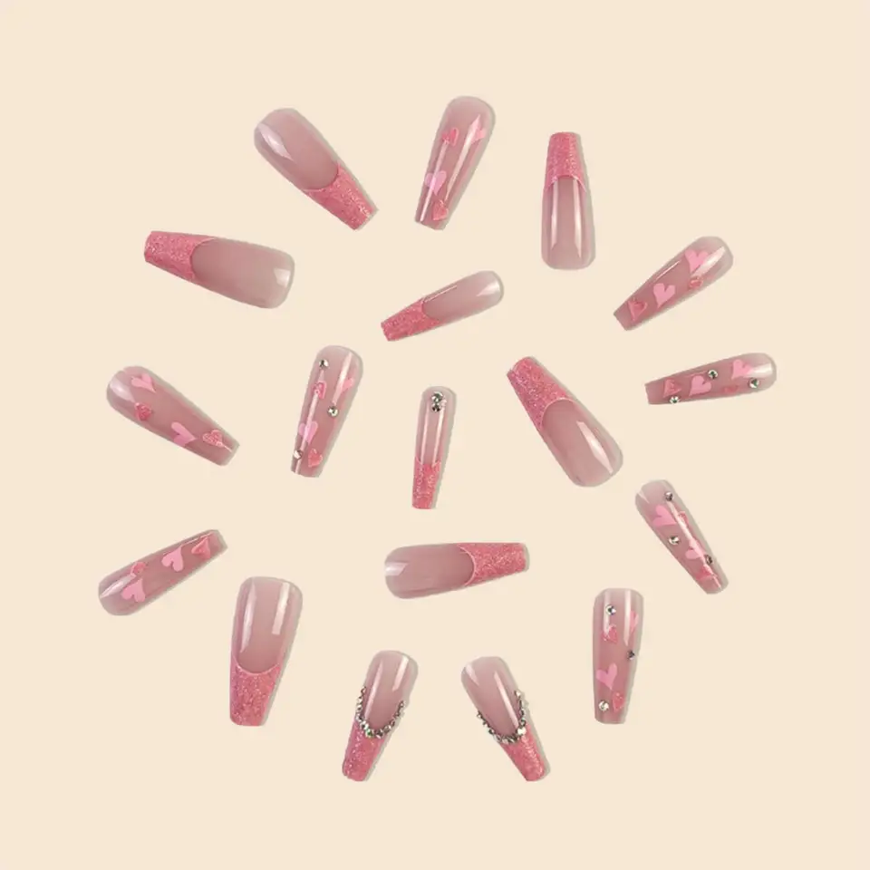 Set de 24 uñas postizas largas ballet francés con corazón, decoración de piedras brillantes, cobertura completa, uñas postizas de presión 2