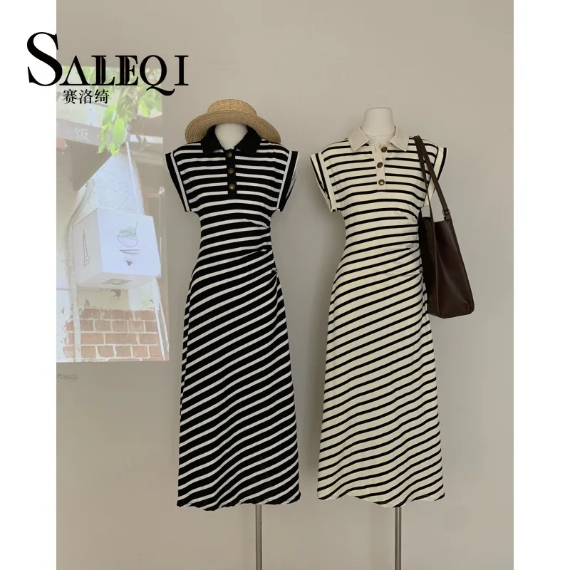 Japanese color collision striped undershirt dress summer polo collar pleated waist thin side slit straight long dress new