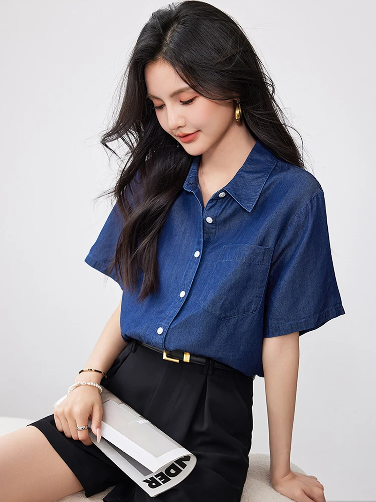 Denim Top Women Short Sleeve Button Down Shirt 2024 Summer Fashion Turn-down Collar Blouse Office Lady Vintage Jean Shirt