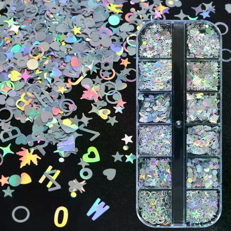 กลิตเตอร์เลเซอร์ลายดาวสีเงินสำหรับตกแต่งเล็บ 12/6 ช่อง  สำหรับตกแต่งเล็บแบบ DIY อุปกรณ์ทำเล็บ