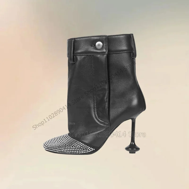 

Rhinestone Decor Black Strange Style Heels Boots Button Strap Women Shoes Fashion Party Feast Banquet 2024 Zapatos Para Mujere