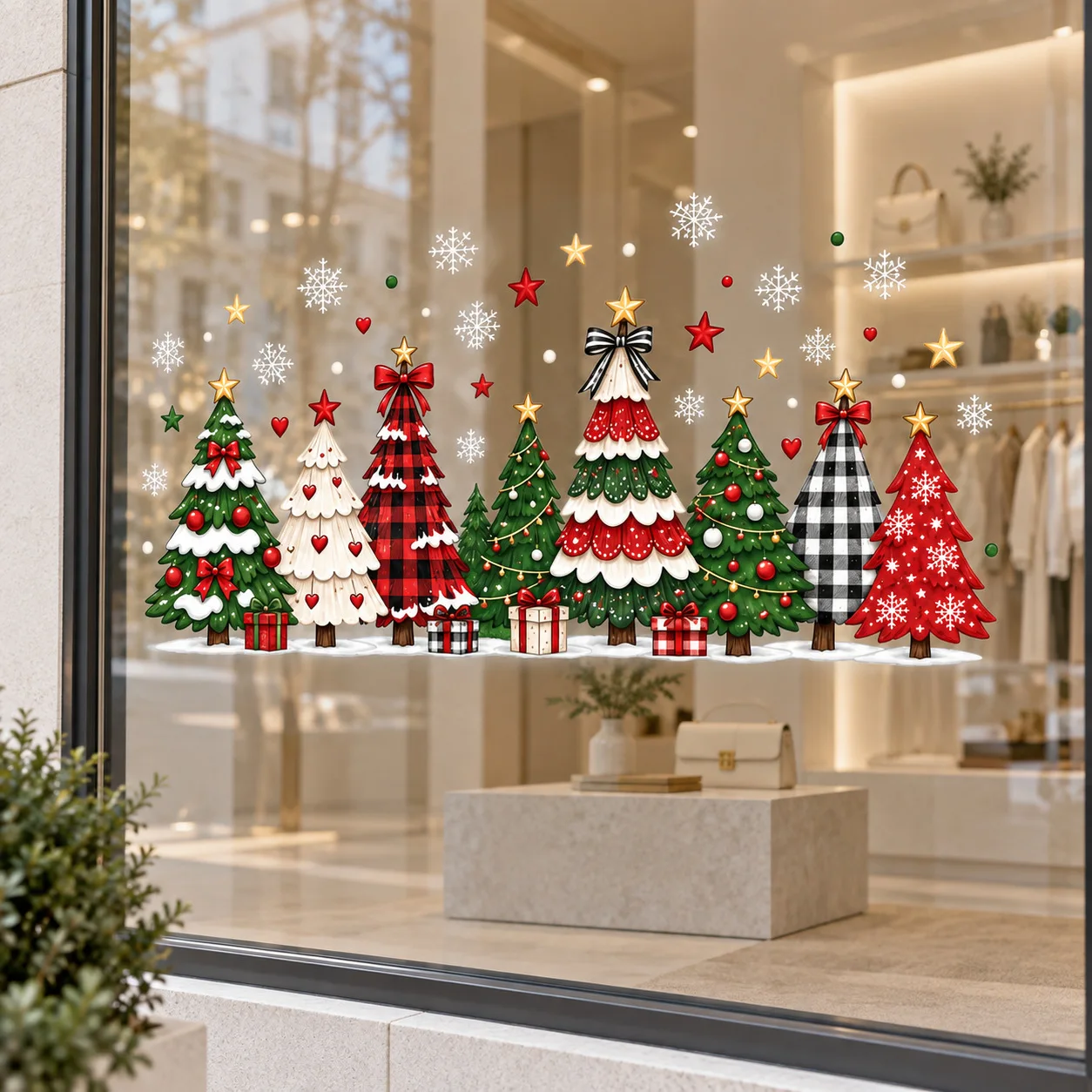 2pcs/1set Plaid Buffalo Check Static Cling Window Stickers,Christmas tree,Snowflake & Star Decor, for Glass Doors,Farmhouse Xmas