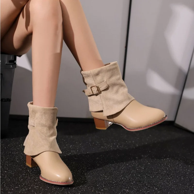 Women's Autumn Winter Boots Belt Buckle Thick Heel Short Boots Large Size Independent Station Cross Border No Brand Registere...