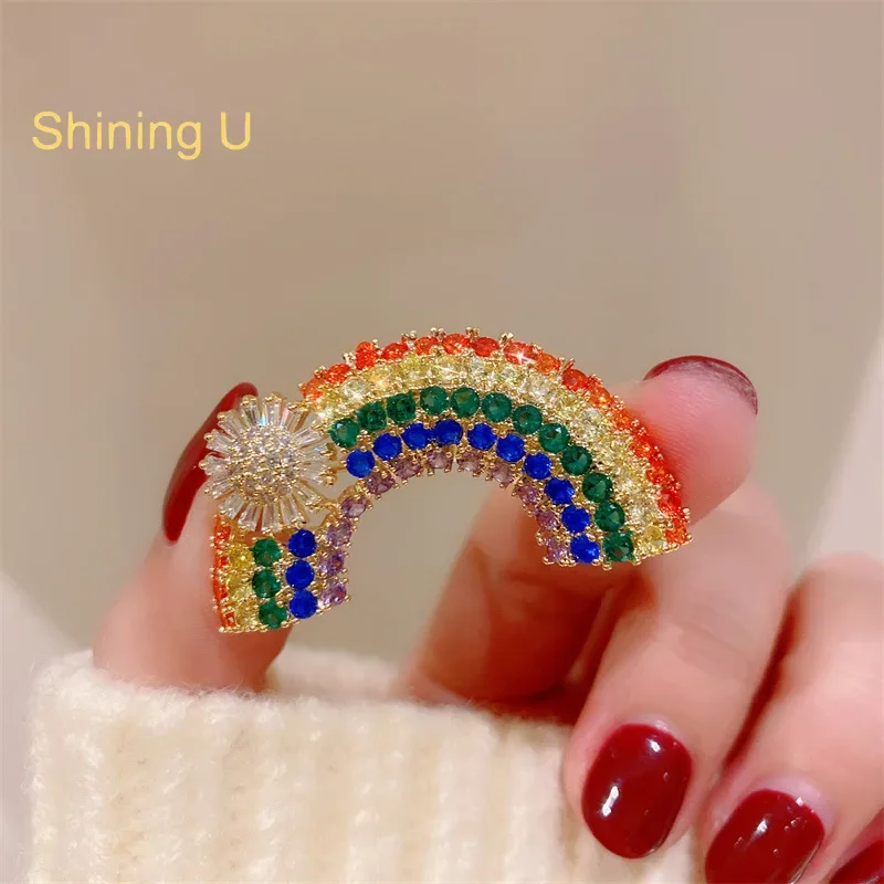 Shining U Full Gems Rainbow Brooch for Women Men Fashion Overcoat Accessory Gift