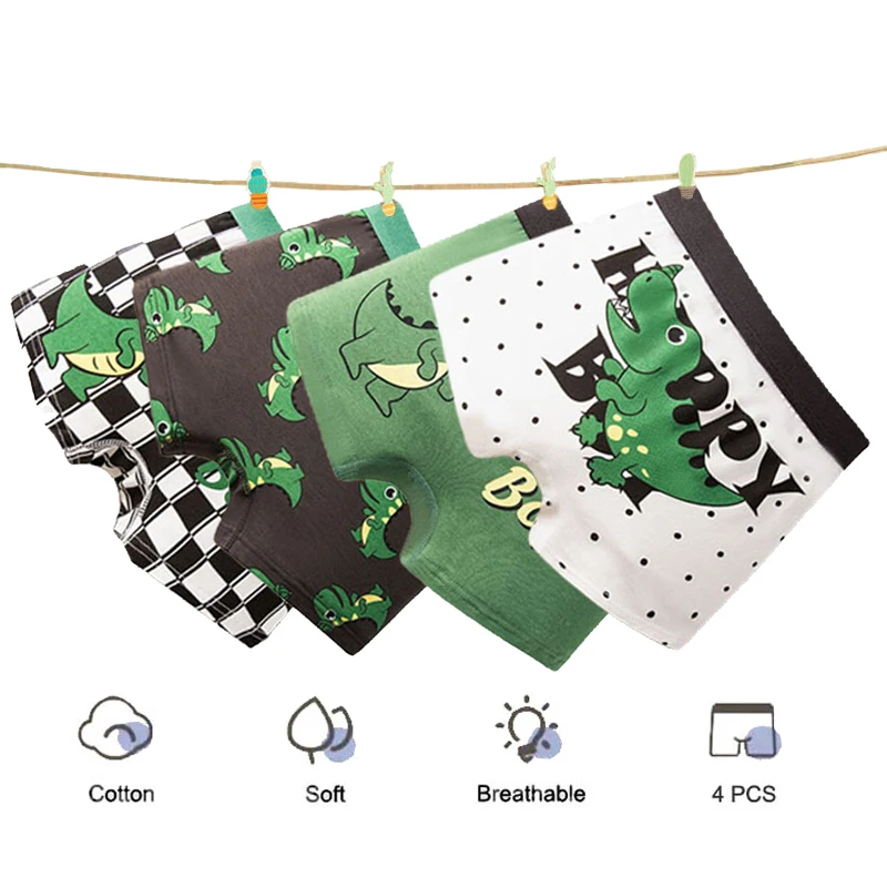 4Pcs Boys Cotton Boxers Panties Cartoon Dinosaur Printed Kids Underwear Soft Children's Underpants Shorts Teenager Panties 2-14Y