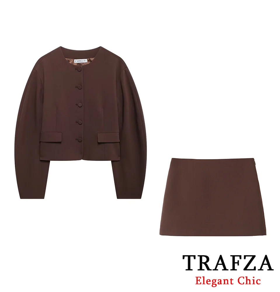 TRAFZA-Women Fashion Jacket Skirt Set Vintage Brown Button Jacket Mini Skirt Set New 2024 Autumn Fall High Street Jacket Set