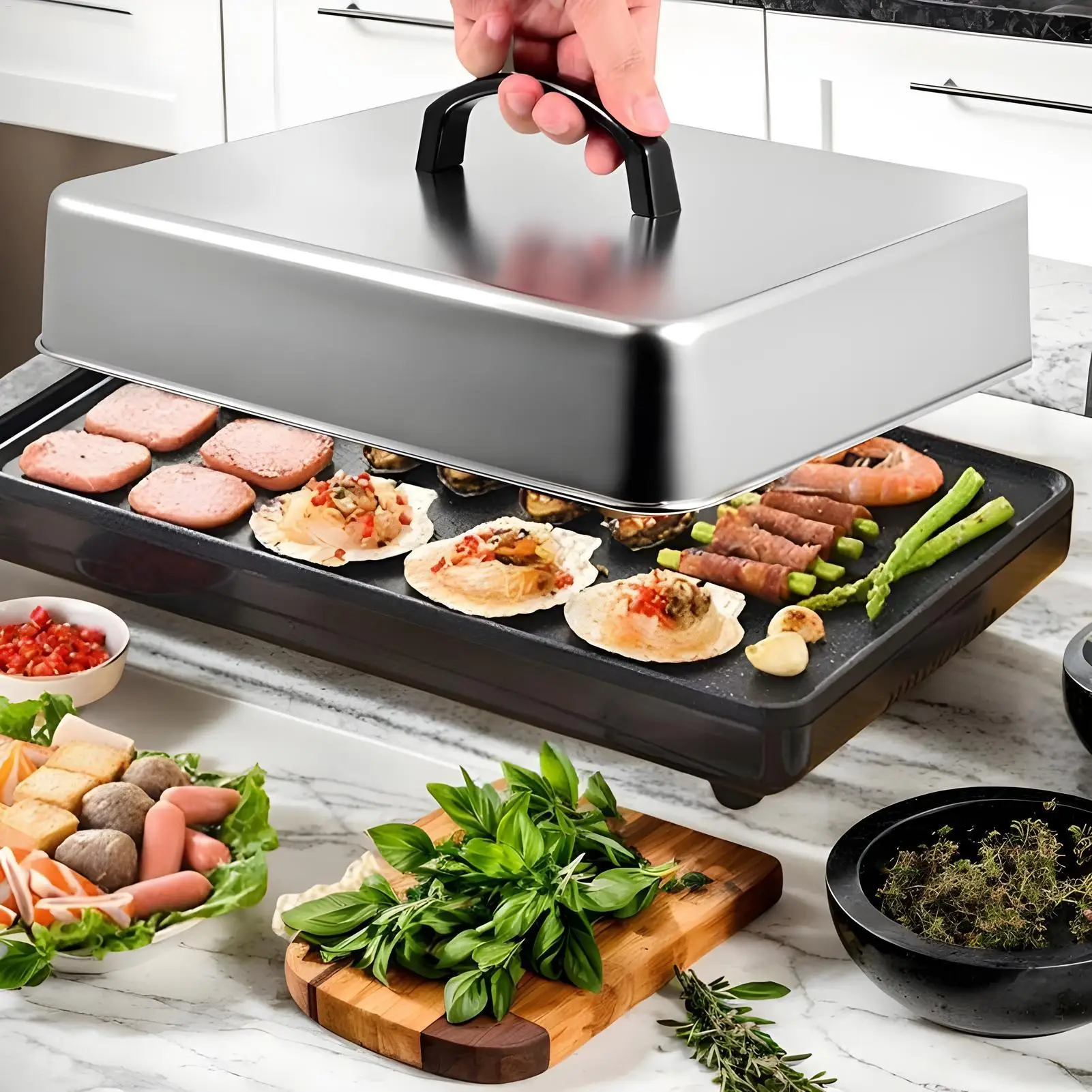 Cubiertas de sartén de acero inoxidable para barbacoa, hamburguesas, sándwiches, tapas para ollas de carne, cubierta para rociar parrilla Rectangular, cúpula para derretir queso