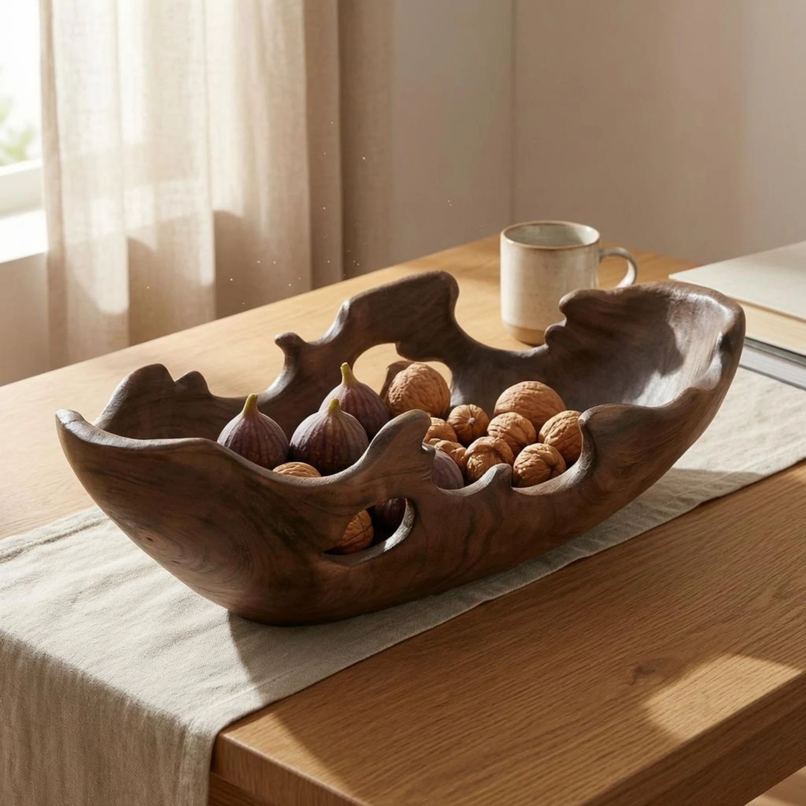 Wooden Serving Tray Carved Form Wooden Decorative Bowl Wood Serving Platter Rustic Style House Decoration Multi-Functional