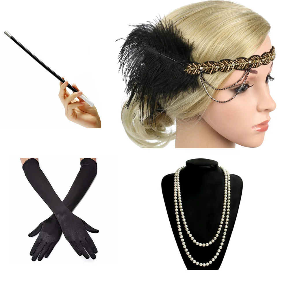 1920s Great Gatsby Party Costume Accessories Set 20s Flapper Feather Headband Pearl Necklace Gloves Cigarette Holder 4 Pcs Set